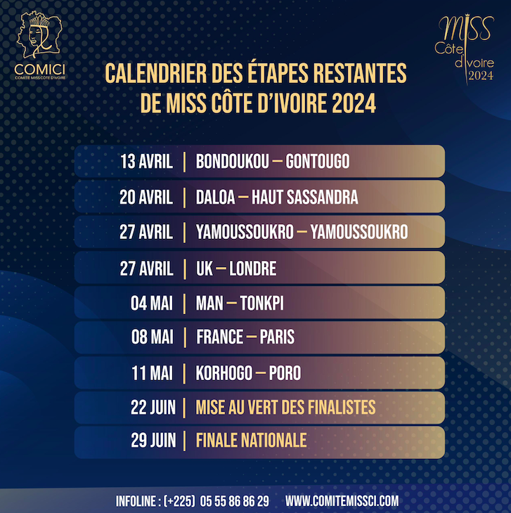Calendrier des étapes restantes de Miss Côte d'Ivoire 2024